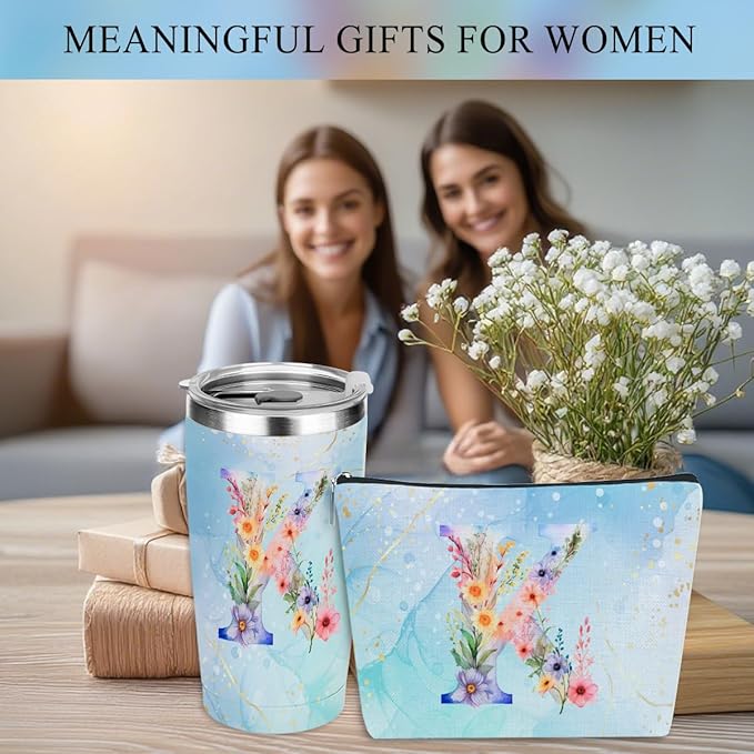 Personalized Gifts Monogrammed Birthday Gifts for Women, Soul Sister Bachelorette Party Wedding Christmas Initial 20 oz Tumbler, Makeup Bag Cup Pens Journal Notebook 6 Set, (Aesthetic Blue Flower K)
