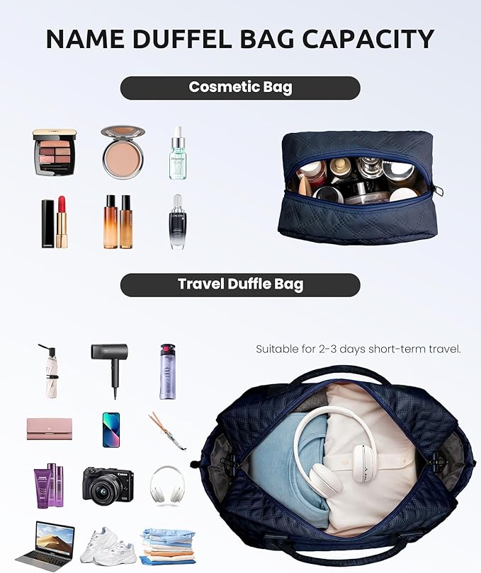 Initial Duffle with Shoe Compartment, Personalized Weekender Bag with Shoulder Strap, Overnight Travel Bag with Makeup Pouch for Women (Letter E)