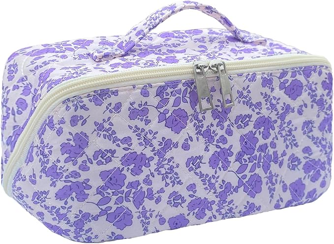 Purple Large Quilted Floral Makeup Bag Cute Coquette Aesthetic Cosmetic Bag Open Flat Travel Toiletry Make up Bag for Women