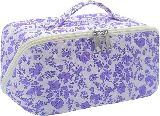 Purple Large Quilted Floral Makeup Bag Cute Coquette Aesthetic Cosmetic Bag Open Flat Travel Toiletry Make up Bag for Women