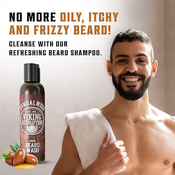 Viking Revolution Beard Wash & Beard Conditioner Set w/Argan & Jojoba Oils - Softens & Strengthens - Natural Beard Shampoo w/Beard Oil Sandalwood (5oz)