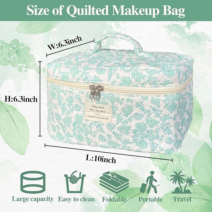 Green Large Quilted Floral Makeup Bag Cute Soft Coquette Aesthetic Cosmetic Bag Cotton Travel Toiletry Bag for Women