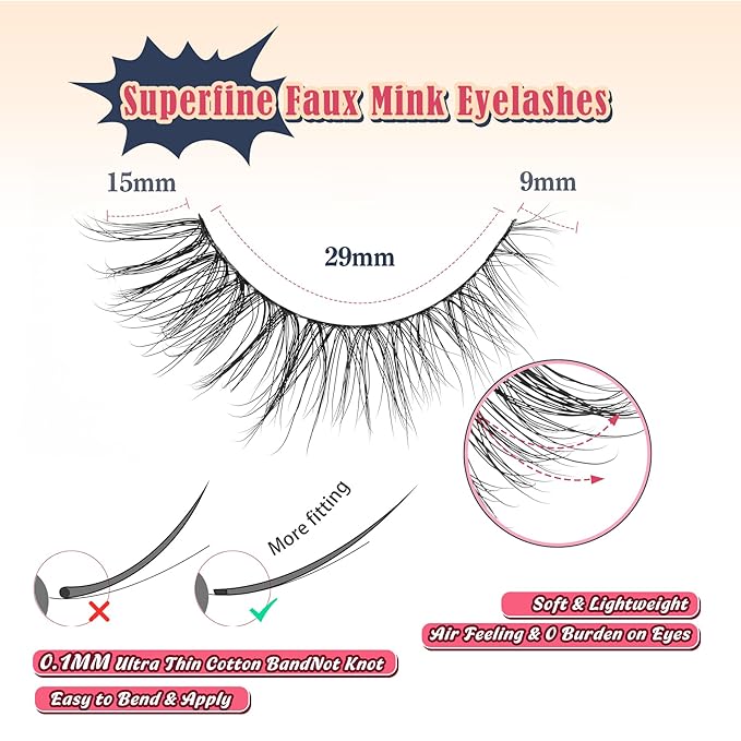 Eyelashes Natural Cat Eye Lashes 15mm Wispy Eyelashes Flared Fluffy Strip Lashes 0.1MM Thin Band False Eyelashes C Curl Lashes Siligli Eye Lashes Pack 7 Pair