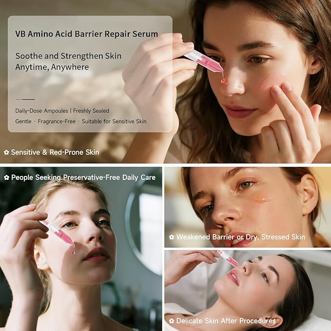 Vitamin B Amino Acid Barrier Support Face Serum - Preservative-Free Ampoule with B12, Hyaluronic Acid and Glutathione for All Skin, Especially Sensitive, Dry and Fragile Skin (1.5ml)30 Vials