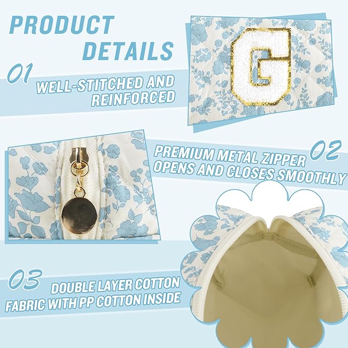 Personalized Quilted Cosmetic Bag, Puffy Monogrammed Christmas Birthday Gifts for Women & Girls, Cute initial Floral Makeup Bag Puffer Coquette Bag, Aesthetic Travel Toiletry Zipper Pouch(Blue,G)