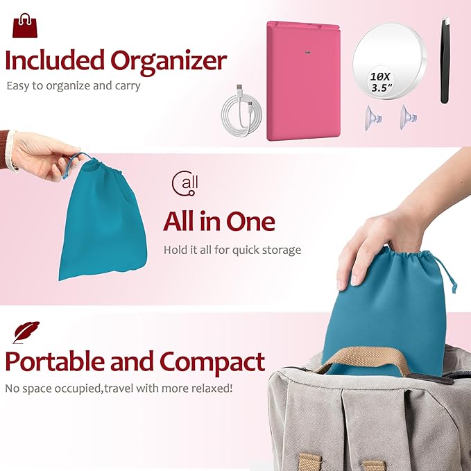 Travel Makeup Mirror with Light, Rechargeable Portable Folding Compact Mirror Set with Tweezer, Lighted Makeup Mirrors with 72 LED 3 Color Light Modes, Dimmable Touch Screen LED Mirrors-Rosy