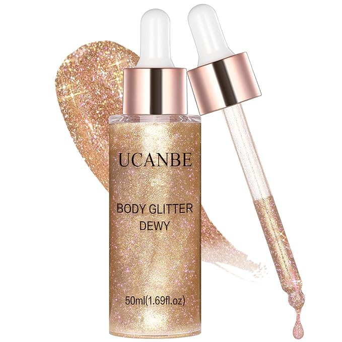 Liquid Glitter Highlighter Glow Drops – Face Highlighter & Body Shimmer Makeup, Illuminating Radiant Glow for Festival Rave Party, Long Lasting 03 Rose Gold