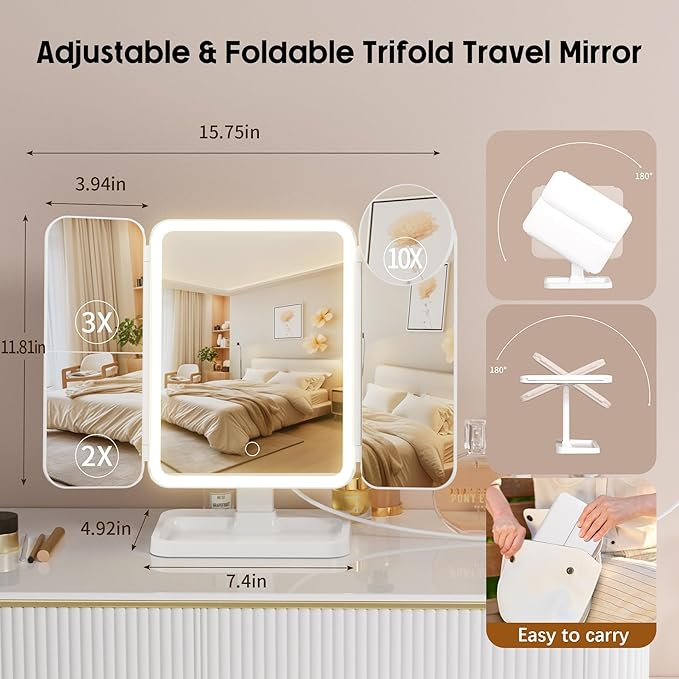Vanity Mirror with Lights, Rechargeable Makeup Mirror with Magnification, 2X 3X 10X, 3 Colors Lights, Portable Travel Makeup Mirror, Gifts for Her Women