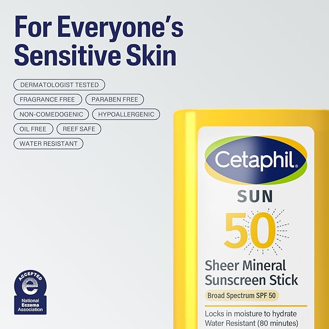 Cetaphil Sheer Mineral Sunscreen Stick for Face & Body, 0.5oz, 100% UVA/UVB Mineral Sunscreen: Zinc Oxide & Titanium Dioxide, Broad Spectrum SPF 50, For Sensitive Skin