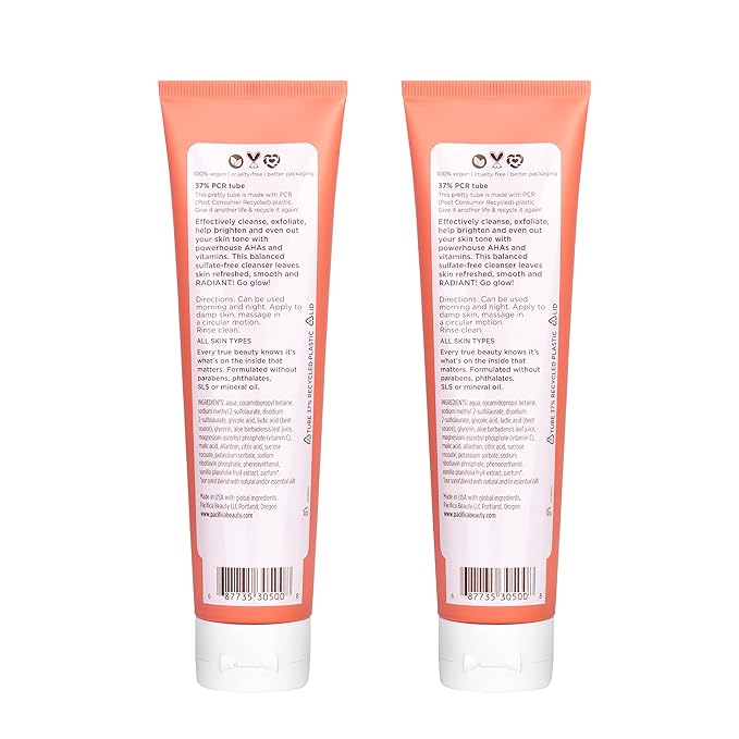 Pacifica Beauty Glow Baby Brightening Face Wash Set, Skincare, Face Cleanser, Exfoliator, AHA, Even Skin Tone, VItamin C, Vanilla, Sulfate and Paraben Free, Vegan, 5 fl oz Each (Set of 2)
