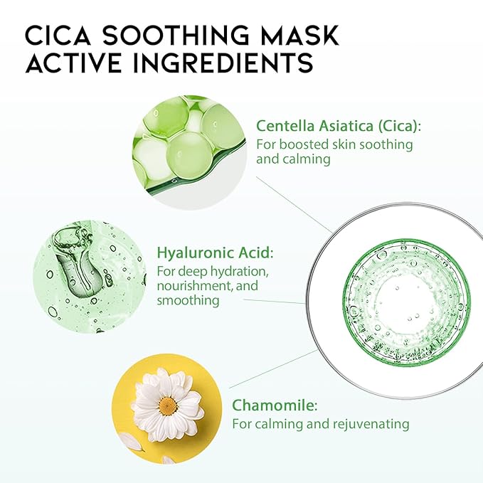 Cica Calming Mask for Face Sensitive Irritated Skin, Soothing, Moisturizing, Korean Anti Aging Face Mask, Eve Vegan, Chamomile, Hyaluronic Acid 10EA