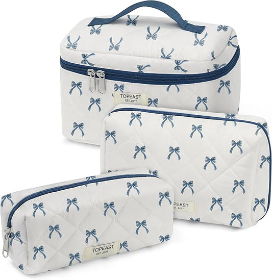TOPEAST Travel Makeup for Women Girl, 3Pcs Large Cute Quilted Make up Bag Organizer for Purse, Portable Big Cosmetic Brush Pouch with Zipper Compartment, Blue Bow