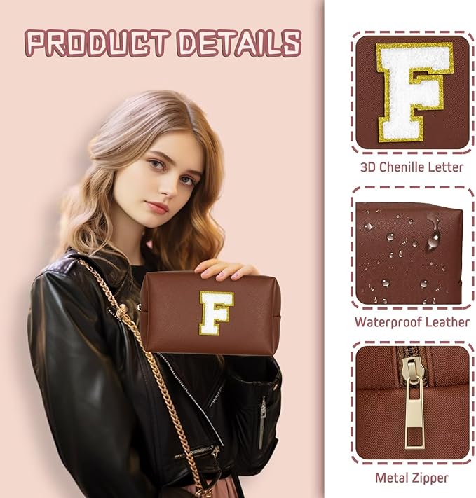 TOPEAST Travel Makeup Bag, Personalized Initial Toiletry Bag w Zipper, Cute Makeup Pouch, PU Leather Waterproof Cosmetic Bag, Birthday Gift for Daughter, Preppy Things for Girls (Brown G)