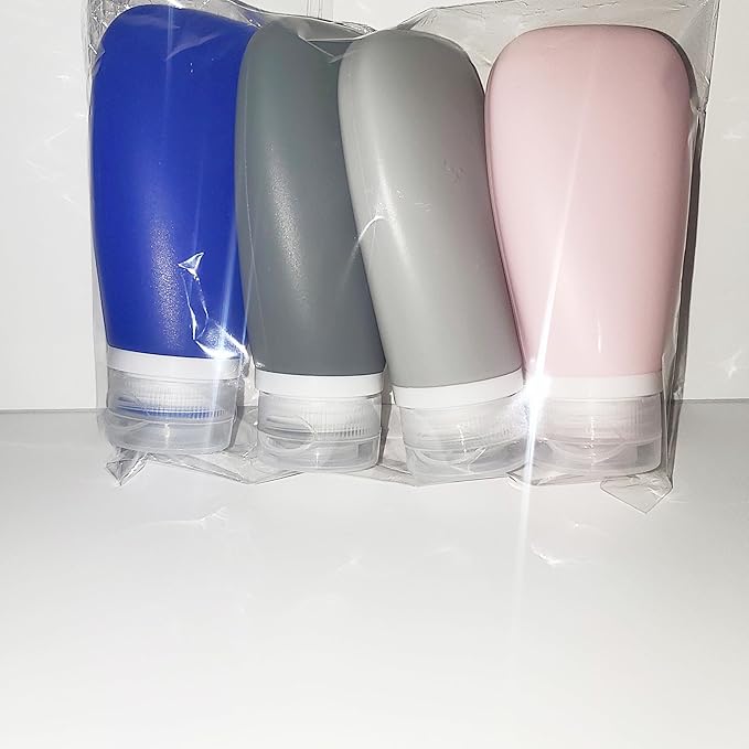 Travel Bottles for Toiletries, TSA Approved 3oz Leak Proof Silicone Refillable Squeeze Travel Size Containers BPA Free for Cleansers, Lotions, Shampoo 4pk color (P,G,Blk,Blue)