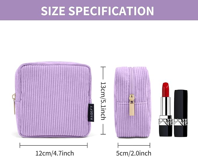 MAGEFY Small Makeup Bag for Purse Mini Cosmetics Bag Corduroy Cute Cosmetic Pouch for Women with Slip-in Pockets