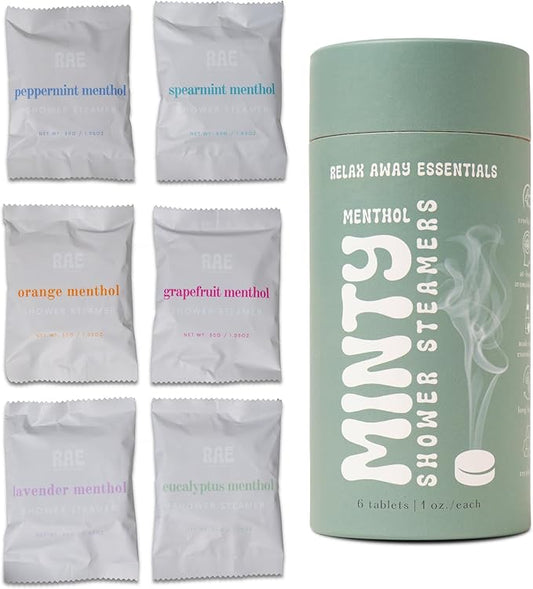 Relax Away Minty Shower Steamers 6 Pack - Menthol Infused Aromatherapy - Refreshing Orange, Eucalyptus, Lavender, Peppermint, Grapefruit, Spearmint - Relieve Stress & Soothe Sinuses