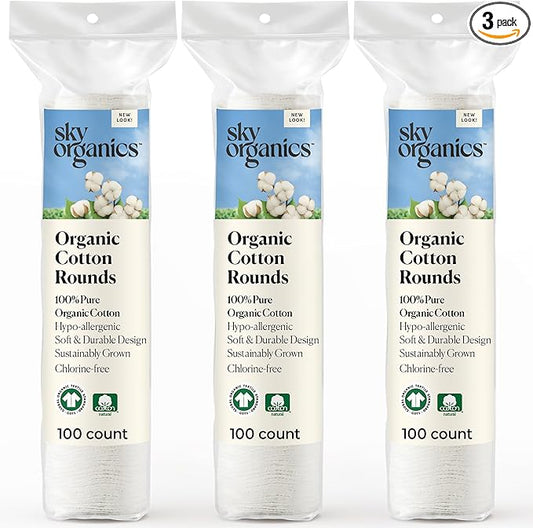 Sky Organics Organic Cotton Rounds for Sensitive Skin, 100% Pure GOTS Certified Organic for Beauty & Personal Care, 300 ct