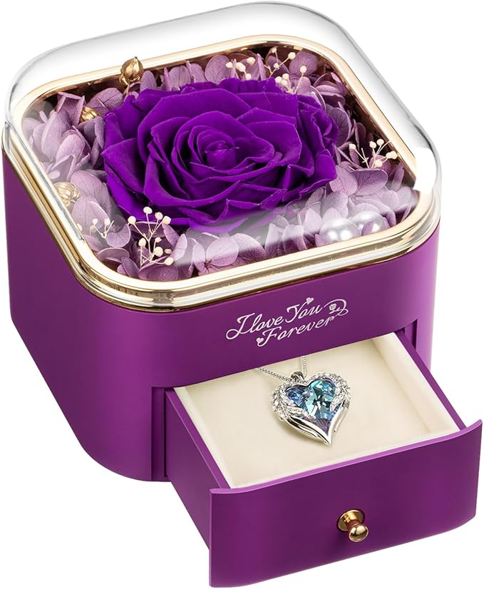Preserved Real Purple Rose with Angle Wings Necklace, Forever Flowers Gifts for Mom Grandma Wife Girlfriend at Christmas Valentines, Anniversary Birthday Gifts for Women, I Love You Gifts for Her