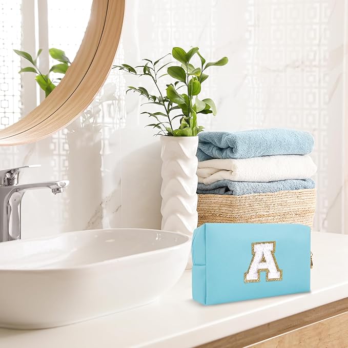 Small Personalized Initial A-Z Preppy Patch Makeup Bag,PU Chenille Letter Travel Cosmetic Pouch with Zipper,Blue Cute Toiletry Bag,Gift Ideal for Teen Girls Women Teacher Bridesmaid,Letter A