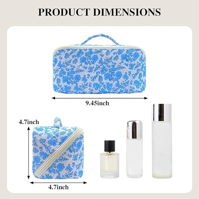 Blue Large Quilted Floral Makeup Bag Cute Coquette Aesthetic Cosmetic Bag Open Flat Travel Toiletry Make up Bag for Women