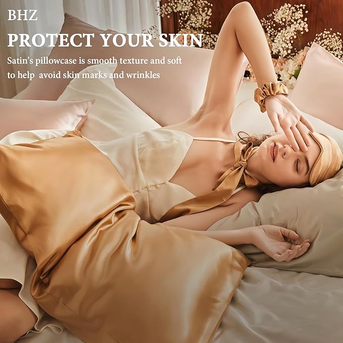 BHZ Satin Goose Down Feather Pillows Queen Size with Beige Satin Pillowcase for Hair and Skin, Cooling Pillow Cases Similar to Silk Pillow Cases, Christmas Decorative Gifts for Women, Mom Men