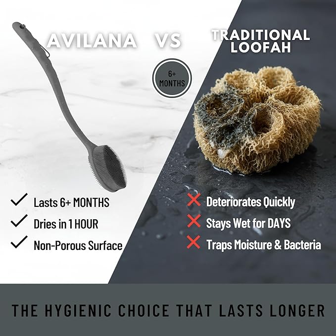 Silver Infused Long Handle Back Scrubber - 19 inch Premium Extended Reach Body Brush - Avilana Advanced Material Bath Tool Easy Grip - Luxury Body Wash Brush Gift