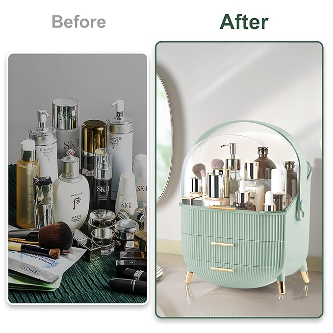 Make up Organizers and Storage, Makeup Organizer for Vanity, Cosmetics Skincare Organizers with Lid and Drawers, Cosmetic Display Cases for Countertop, Bathroom, Ideal Gifts for Women(Light Green)