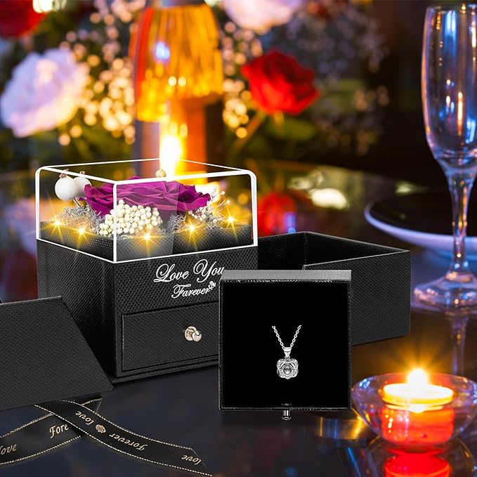 Preserved Purple Real Rose-Eternal Flowers Rose Birthday Gifts for Her Mom Wife Girlfriend Grandma on Valentines Mothers Day Christmas Anniversary Romantic with Heart I Love You Necklace-Purple
