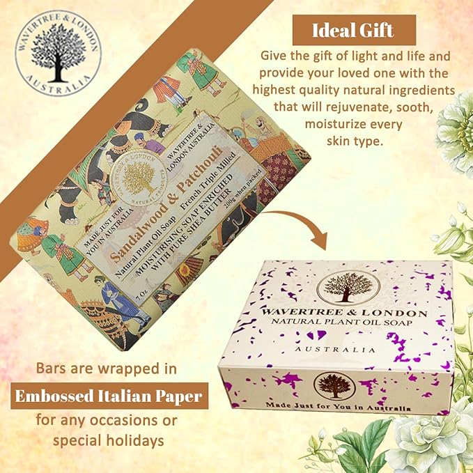 Wavertree & London Sandalwood & Patchouli Scented Natural Soap (2 Bars), 7oz Moisturizing French Triple Milled Soap Bars enriched with shea butter - Pure Plant Oil Bath & Body Bars for All Skin Types