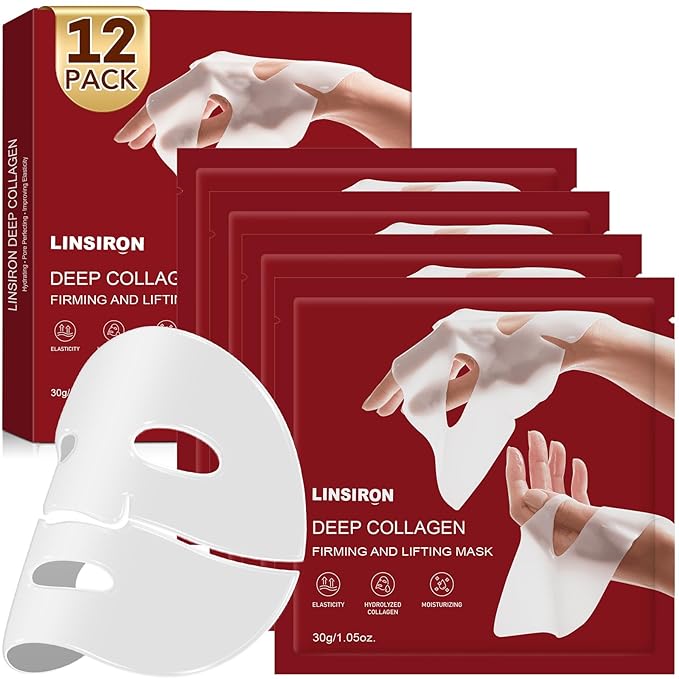 Bio-Collagen Face Masks, Deep Hydrating Sheet Overnight Face Mask, Facial Treatments and Masks for Women, Korean Skincare, Moisturizing and Firming for Girl, 12 Pack