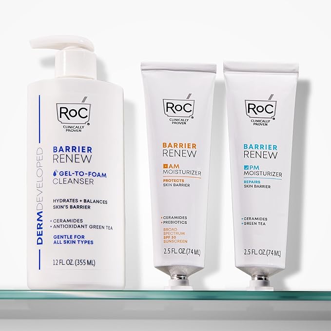 RoC Barrier Renew Bundle: Night Moisturizer, 2.5oz + Day Cream with SPF 30, 2.5oz + Barrier Renew Gel to Foam Non Drying Cleanser, 12oz