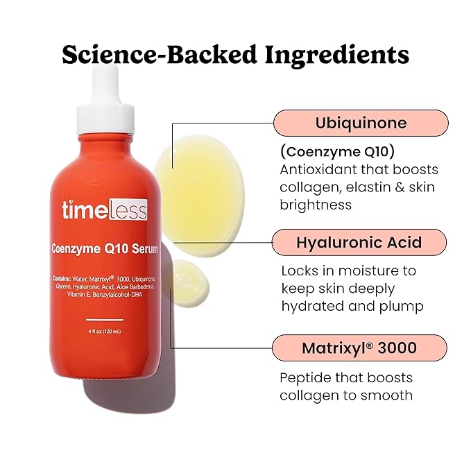 Timeless Skin Care Coenzyme Q10 Serum - Skin Care Serum for Smoothing - Fragrance-Free - Coenzyme Q10 - with Hyaluronic Acid - 4 oz