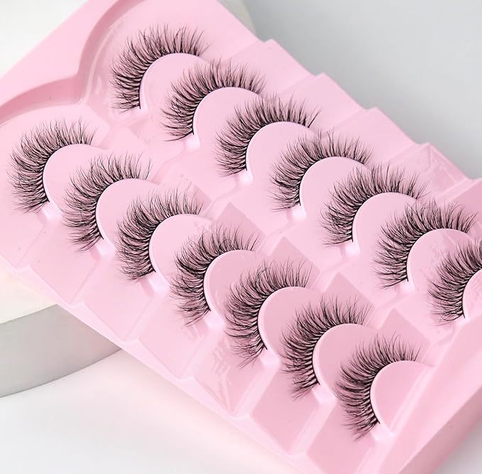 Natural Lashes Eyelashes Wispy 12mm False Lashes 3D Volume Lash Strips False Eyelashes with 0.1MM Thin Cotton Band C Curl Eyelash Pack Siligli 7 Pair