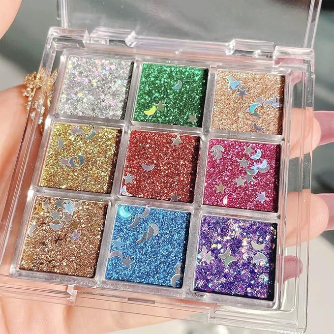 AMY'S DIARY 9 Colors Pressed Glitter Eyeshadow Palette Glitter Silver Blue Purple Gold Eyeshadow Palette, Glitter Daily Party Sparkling Eye Face Makeup Cosmetics (D1)