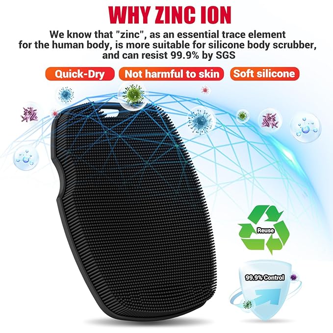 Silicone Body Scrubber - Anti Zinc Infused-Highly Elastic Bristles Exfoliating Body Scrubber for Shower Body,Cellulite Reduction,Blood Circulation- Black