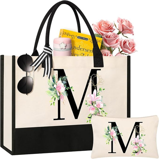 AYGE Personalized Initial Canvas Beach Bag Cosmetic Bags, Monogrammed Gifts for Women, Tote Bag, Makeup Bag, Birthday Gifts for Sister Mom Teacher Bridesmaid (M)