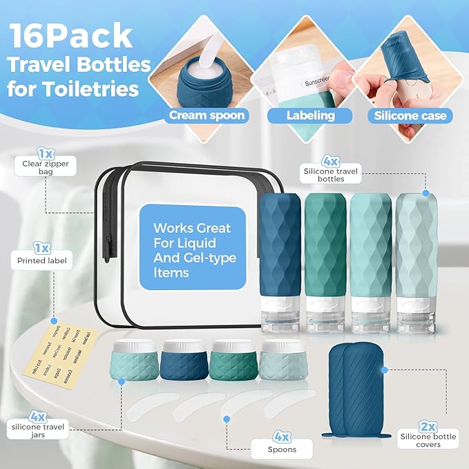 16Pack Travel Bottles for Toiletries, TSA Approved Travel Size Toiletries Containers Set, Silicone Leak Proof Refillable Bottles Elastic Sleeves Creams Jars Accessories Kit W/Clear Bag (Mint Green)