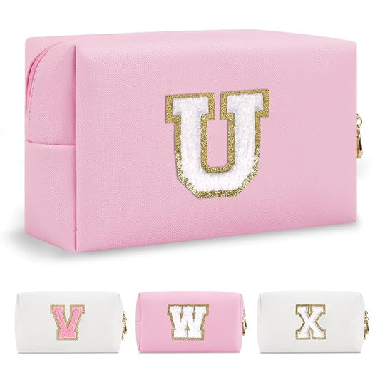 Personalized Initial A-Z Preppy Patch Makeup Bag,Small PU Chenille Letter Cosmetic Bag with Zipper for Teen Girls,Pink Cute Toiletry Organizer Bag,Monogram Makeup Case Gift for Women Girls,Letter U