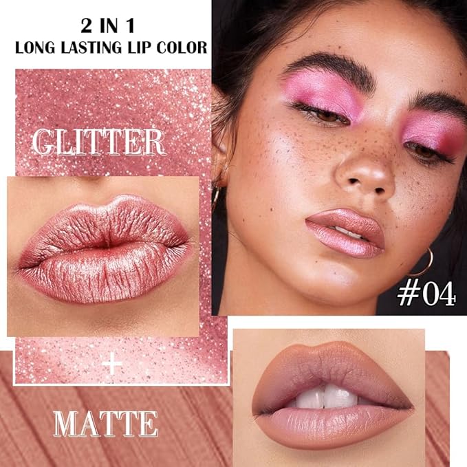 Rose Gold Metallic Lip Liner and Lipstick Combo Lip Gloss Tints Stain Set Makeup for Women Long Lasting Waterproof 24, Light Pink Metallic Glitter Shimmer Iridescent Liquid Lipstick lippies Lip Gloss