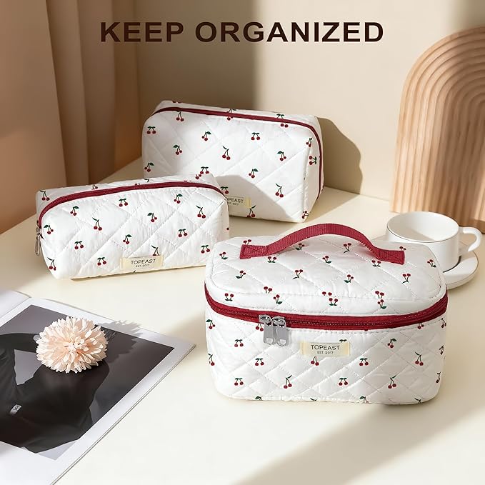TOPEAST Travel Makeup Bag for Women Girl, 3Pcs Large Cotton Quilted Make up Brush Bags, Portable Cute Cosmetic Bag Sets with Zipper, Machine Washable Toiletry Pouch, Cherry