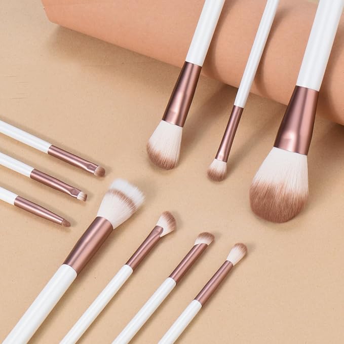 Makeup Brushes Set With Case 10Pcs White Makeup Brush Kit Foundation Eyeshadow Powder Blending Kabuki Eyebrow Eyelash Brushes Cosmetic Brush Travel Kit Gift (White+Brown)