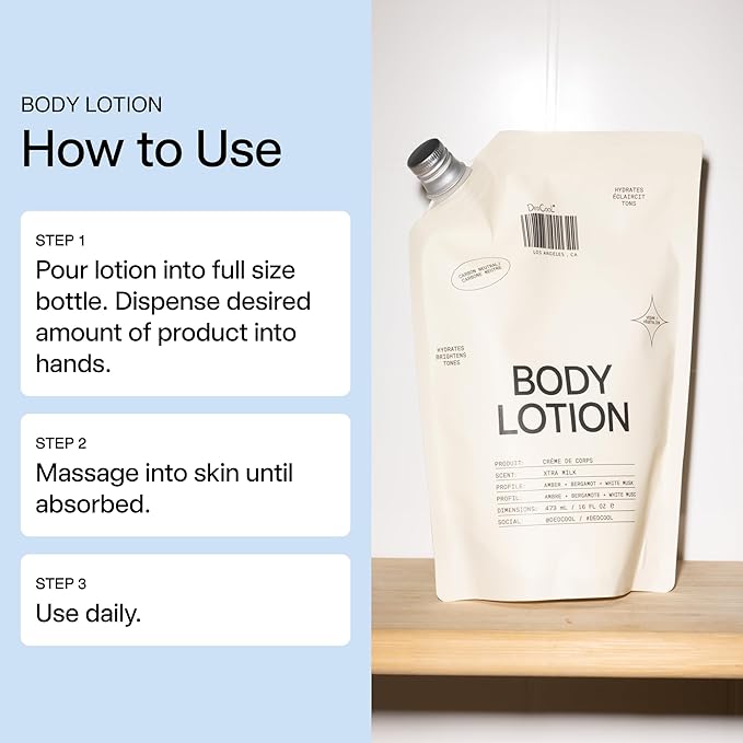 DedCool Body Lotion Refill | Xtra Milk | Deeply Hydrating Lightweight Formula with Ceramides, Snow Mushroom & Meadowfoam Oil | Soft Musk, Bergamot & Amber Scent | Non-Toxic, Vegan Skincare | 16 fl oz