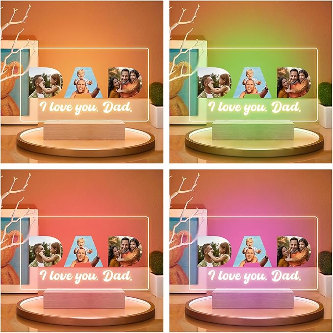 Custom Dad Picture Frame with Photo, Personalized Photo Frame with Night Light, Customized Picture Frames, Personalized Christmas Birthday Gifts for Dad from Daughter & Son