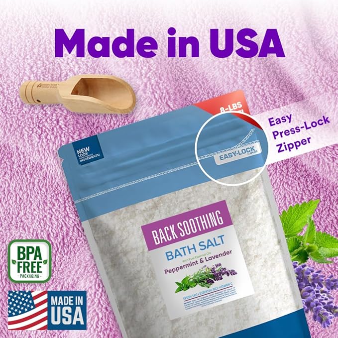Back Soothing Bath Salt 128 Ounces (8 Lbs) USP Grade Epsom Salt with Natural Peppermint and Lavender Essential Oils Plus Vitamin C Made with Natural Ingredients