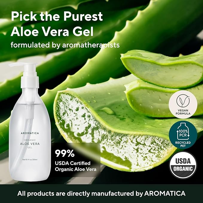 AROMATICA Organic Aloe Vera Gel (2 pack), After Sun Care and Sunburn Relief with Pure Aloe Vera Gel Face&Hair, Sun Burn Moisturizer EWG Verified (10.14oz/300ml)