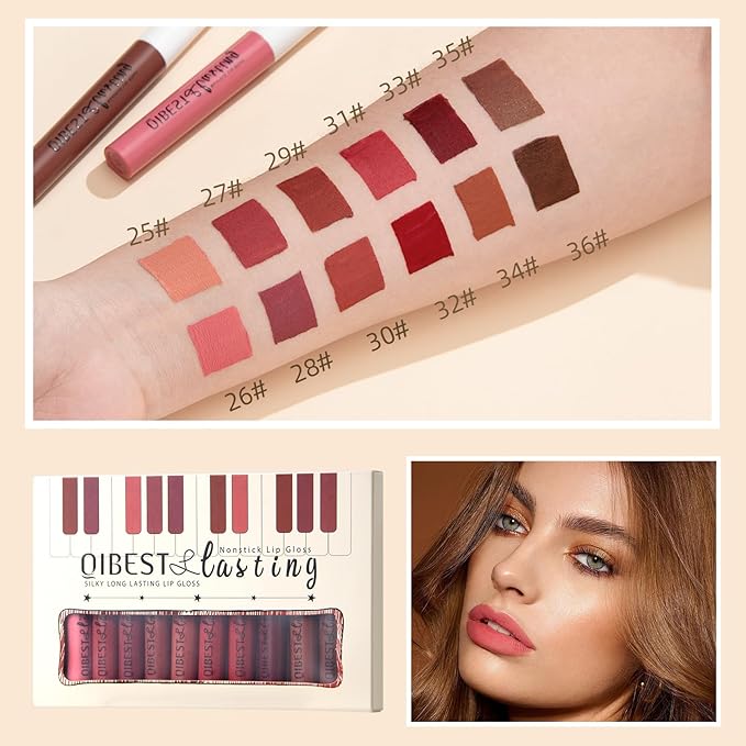 12Pcs Nude Matte Liquid Lipstick Set, Waterproof Long Lasting Non-Stick Cup Nude Brown Dark Red Lipstick 24 Hour Not Fade Matte Lipstick Professional Lip Gloss Makeup Gifts for Women (Set C)