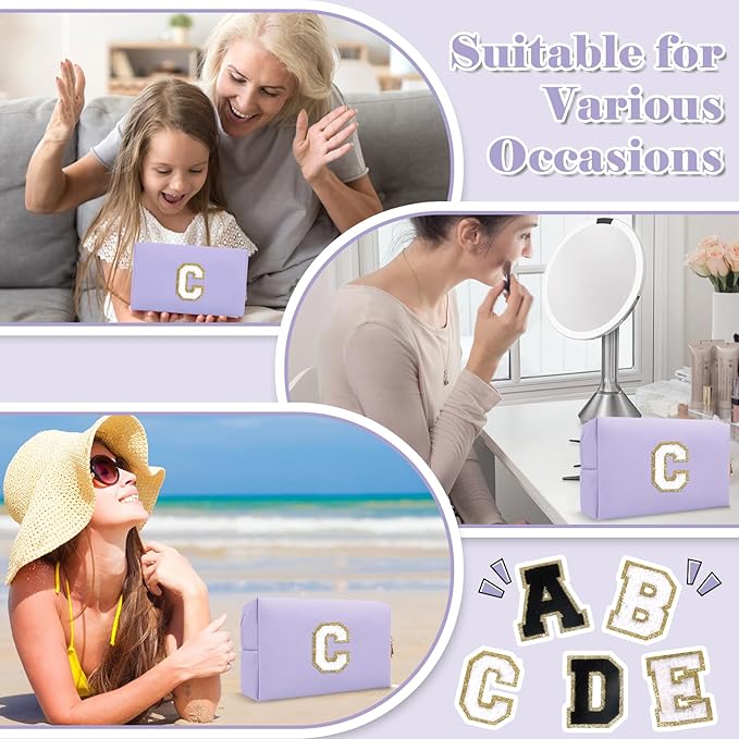 Personalized Makeup Bag Initial A-Z Preppy Patch Bag,Small PU Leather Travel Cosmetic Bag Pouch with Zipper,Purple Cute Toiletry Bag,Gift Ideal for Teen Girls Women Birthday Friend Mom,Latter C