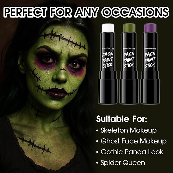 BADCOLOR 3PCS White Ogre Green Purple Face Body Paint Stick Makeup for Beetle-juice/ Frankenstein SFX Cosplay & Dress Up, Full-Coverage Halloween Facepaint Makeup Kit