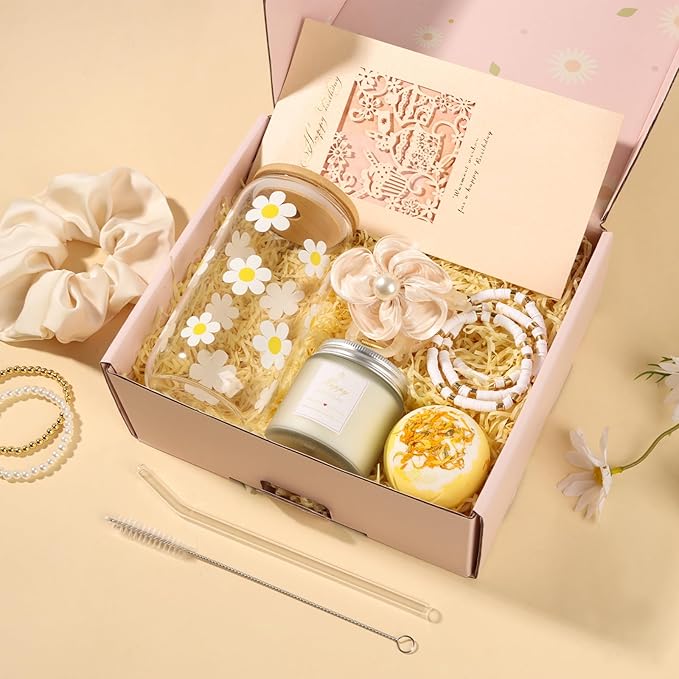 Birthday Gifts for Women Friendship, Teen Girls, Girls, Unique Cute Birthday Gift Box For Girl, Her, Sister, Daughter, Friends, Ideas Cute Daisy Aesthetic Glass Cups Gifts Set