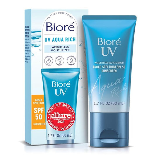 Bioré UV Aqua Rich Daily Hydrating Facial Moisturizer with SPF 50 | Oil Free Sunscreen & Primer for Makeup with Hyaluronic Acid, No White Cast, Non-Comedogenic, For Sensitive Skin, PA++++, 1.7 Oz
